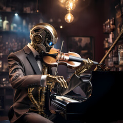 A robot playing a musical instrument in a jazz club - obrazy, fototapety, plakaty