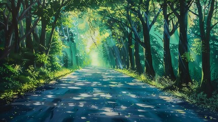 Tranquil morning scene on pristine highways, flanked by towering trees adorned with dewdrops, a gentle breeze whispers through the leaves, carrying the promise of a new day