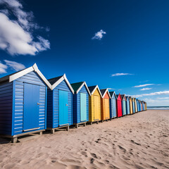 A row of colorful beach huts against a blue sky. 