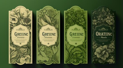 Set of four intricately designed vintage herbal product labels with different plant motifs