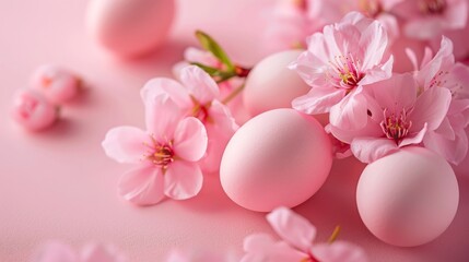 Several pink eggs and flowers are arranged on a soft pink background. The delicate petals of the flowers contrast with the smooth surface of the eggs, creating a visually appealing composition
