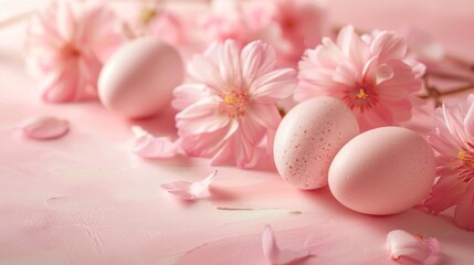 Fototapeta na wymiar Several pink eggs and flowers are arranged on a soft pink background. The delicate petals of the flowers contrast with the smooth surface of the eggs, creating a visually appealing composition