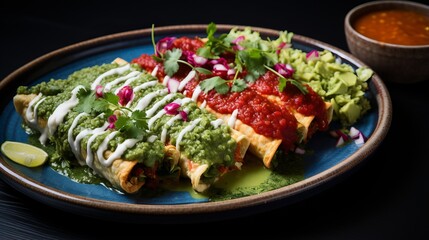 Top view of colorful enchiladas with green sauce, garnished with fresh herbs and vegetables