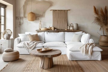 Fototapeta premium Cozy living room interior with knitted blanket on comfortable sofa