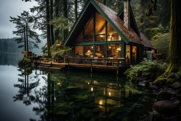Fototapeta na wymiar A house on a lake surrounded by trees in a forest, with water underneath
