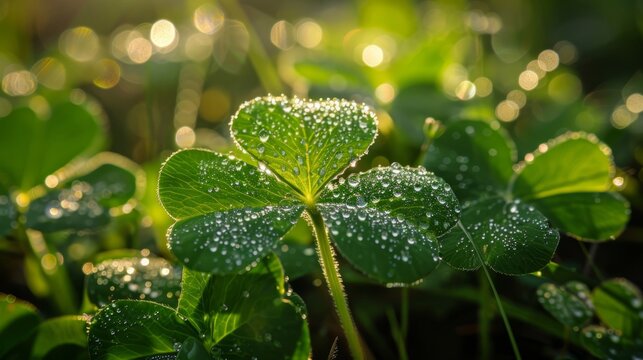 Shimmering Dew on Shamrock Leaves - Essence of Spring's Luck