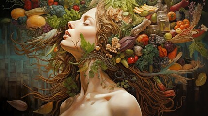 Surreal portrait of a woman with her hair evolving into a lush cascade of fruits and vegetables