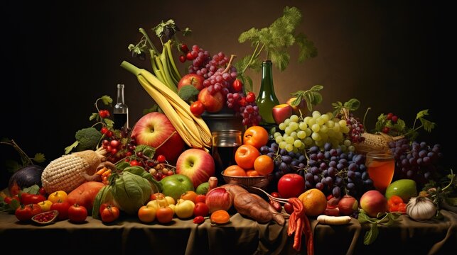 A rich composition of fresh fruits and vegetables set against a dark background, depicting bounty and health