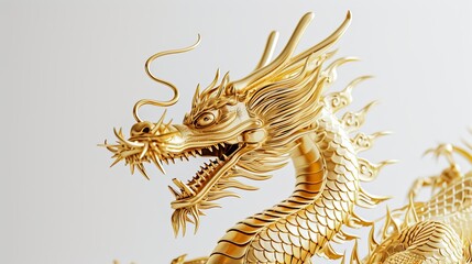 A detailed image showcasing a magnificent golden dragon sculpture with oriental influences against a white background