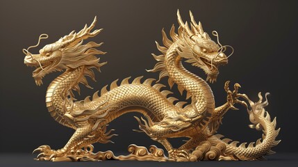 Majestic golden oriental dragon showcased in rearing position against a contrasting dark background in this striking image