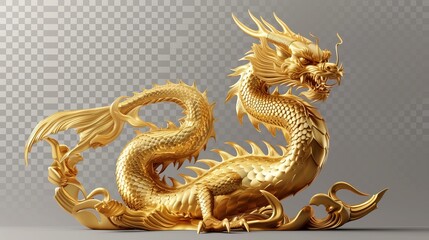 A powerful image featuring an imposing 3D golden dragon situated on a transparent grid, reflecting modern digital art styles