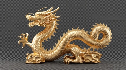 Fototapeta premium Dynamic image of a powerful golden dragon sculpture with intricate details, poised on a checkered floor for a contemporary feel