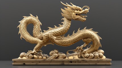 This detailed image showcases a majestic golden dragon statue with intricate scales and features rising powerfully on a stand