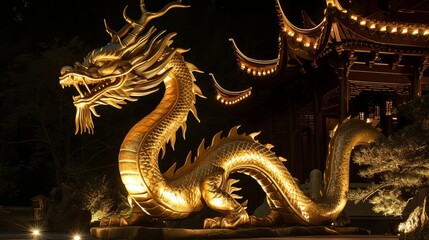 Fototapeta premium A captivating night scene featuring a grand, illuminated dragon sculpture set against a traditional Asian temple architecture