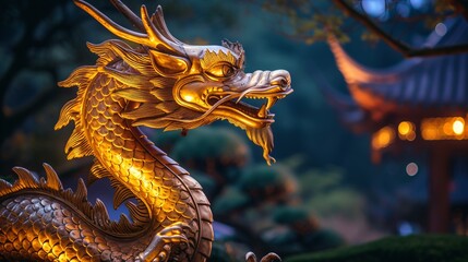 Fototapeta premium A finely detailed close-up of a golden dragon head sculpture with fierce expression set against a soft, bokeh temple background