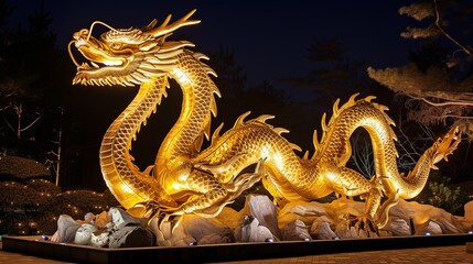Fototapeta premium An impressive golden dragon sculpture winding its way through a rocky landscape, highlighted against the night sky