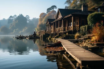 Foto op Plexiglas Wooden dock and house on lake surrounded by trees and natural landscape © yuchen