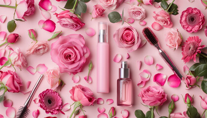 Wellness Beauty Product on Pink Background with flowers (Luxury / Bottles / Cosmetic)