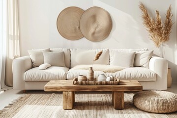 Cozy living room interior with knitted blanket on comfortable sofa - obrazy, fototapety, plakaty