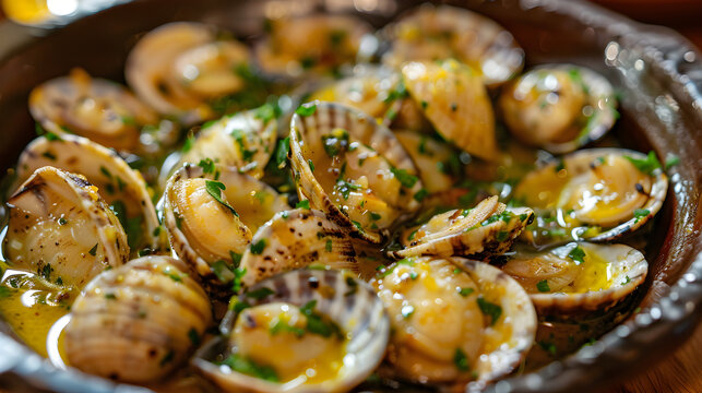 Succulent steamed clams in herbed butter sauce