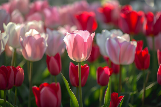 professional photography close-up angle of a field of tulips 