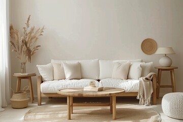 Cozy living room interior with knitted blanket on comfortable sofa