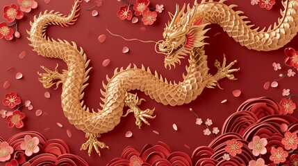 An intricate golden dragon with sinuous curves, swimming through blooming flowers, denoting wealth in Chinese legends
