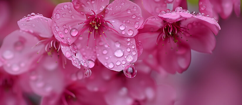 pink sakura flowers with dew drops on petals, cherry blossoms in spring. macro photography. Place for text.