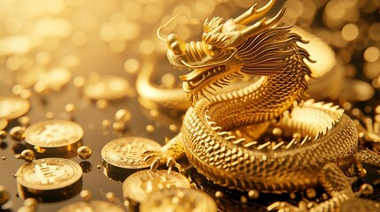 A magnificent golden Chinese dragon symbolizes wealth, surrounded by scattered cryptocurrency coins, evoking ideas of fortune and power