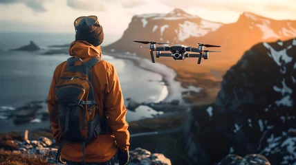 Fototapeten beautiful mountain landscape scenery, hiker on top of cliff at sunset recording with drone, success and freedom concept, nature background, lifestyle wallpaper © Karlo