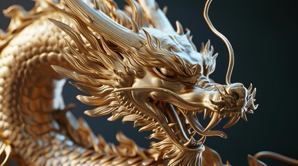 A highly ornate, spiral golden dragon sculpture takes center stage, artistically rendered against a...