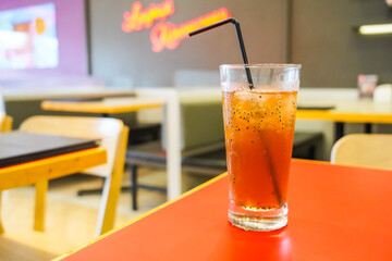 Fresh iced tea with extra basil seeds, Summer drinks concept.