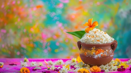 Happy Pongal Celebration Background With Traditional Dish Rice In Mud Pot and flowers in a regional cultural festival - Powered by Adobe