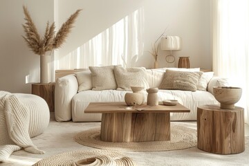 Obraz premium Cozy living room interior with knitted blanket on comfortable sofa