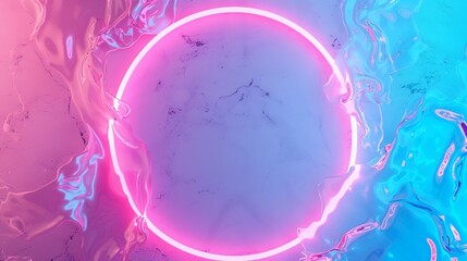 An eye-catching neon pink circle outline stands out in an abstract, oil-slick like colorful fluid background