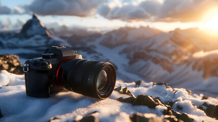 Closeup shot of dslr mirrorless camera on snow and ice with mountains in background, technology wallpaper, photo lens - obrazy, fototapety, plakaty