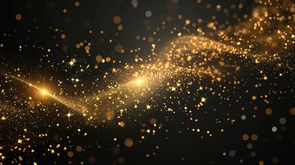 This image captures the motion of sweeping golden particles across a pitch-black background, representing dynamic movement and fluidity