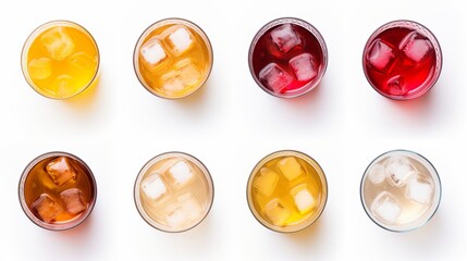 An array of colorful iced beverages shot from above, showcasing a range of refreshments - obrazy, fototapety, plakaty