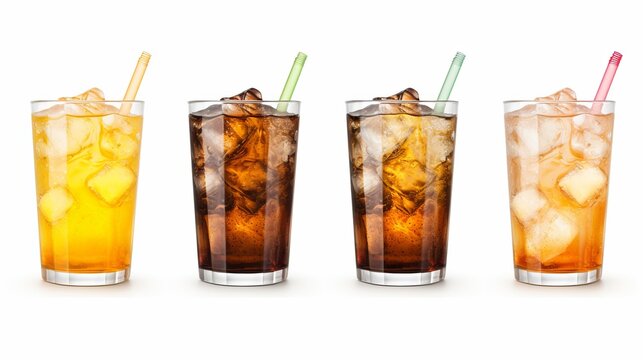 A set of four tall glasses filled with iced beverages, each with a different colored straw isolated on white