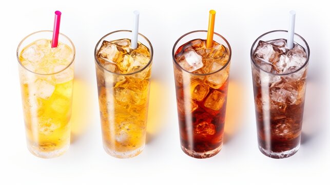 Four different iced drinks with straws on a white background, showcasing a variety of refreshing beverages