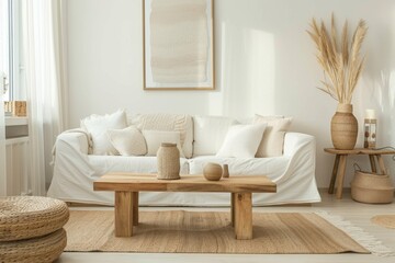 Fototapeta premium Cozy living room interior with knitted blanket on comfortable sofa
