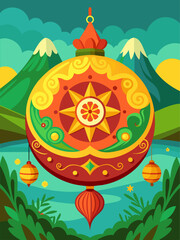 Ornament Vector Landscape Background: Decorative floral pattern adorns a tranquil landscape.
