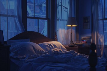 Concept of sleep hygiene, cosy bed with soft pillows and comfortable sheets, set in a peaceful bedroom environment. Quiet atmosphere, healthy bedtime routine and restful night sleep.