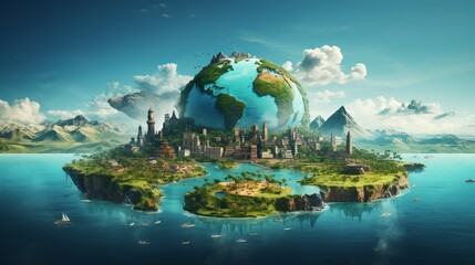 A breathtaking surreal image of a floating city set against a globe backdrop, invoking wonder and innovation