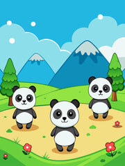 Naklejka premium Tranquil pandas rest amidst a serene landscape of lush greenery and cascading waterfalls.