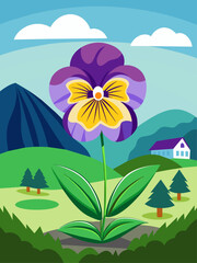 Delightful pansy flowers bloom amidst a picturesque landscape.