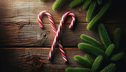 A rustic wooden table top view with two candy canes crossing each other and some green garland loosely laying - Powered by Adobe