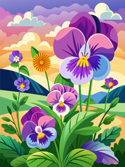 Pansy flowers bloom abundantly in a picturesque landscape, creating a vibrant tapestry of colors and textures.