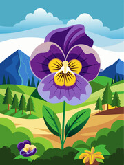 Delightful pansy flowers bloom amidst a picturesque landscape.