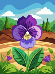 Delightful pansy flowers bloom amidst a picturesque landscape.